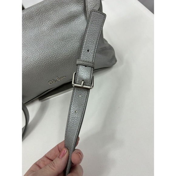 Cole Haan Crossbody Bag Silver Leather Buckles Outside Pocket Zipper Closure - Picture 6 of 11